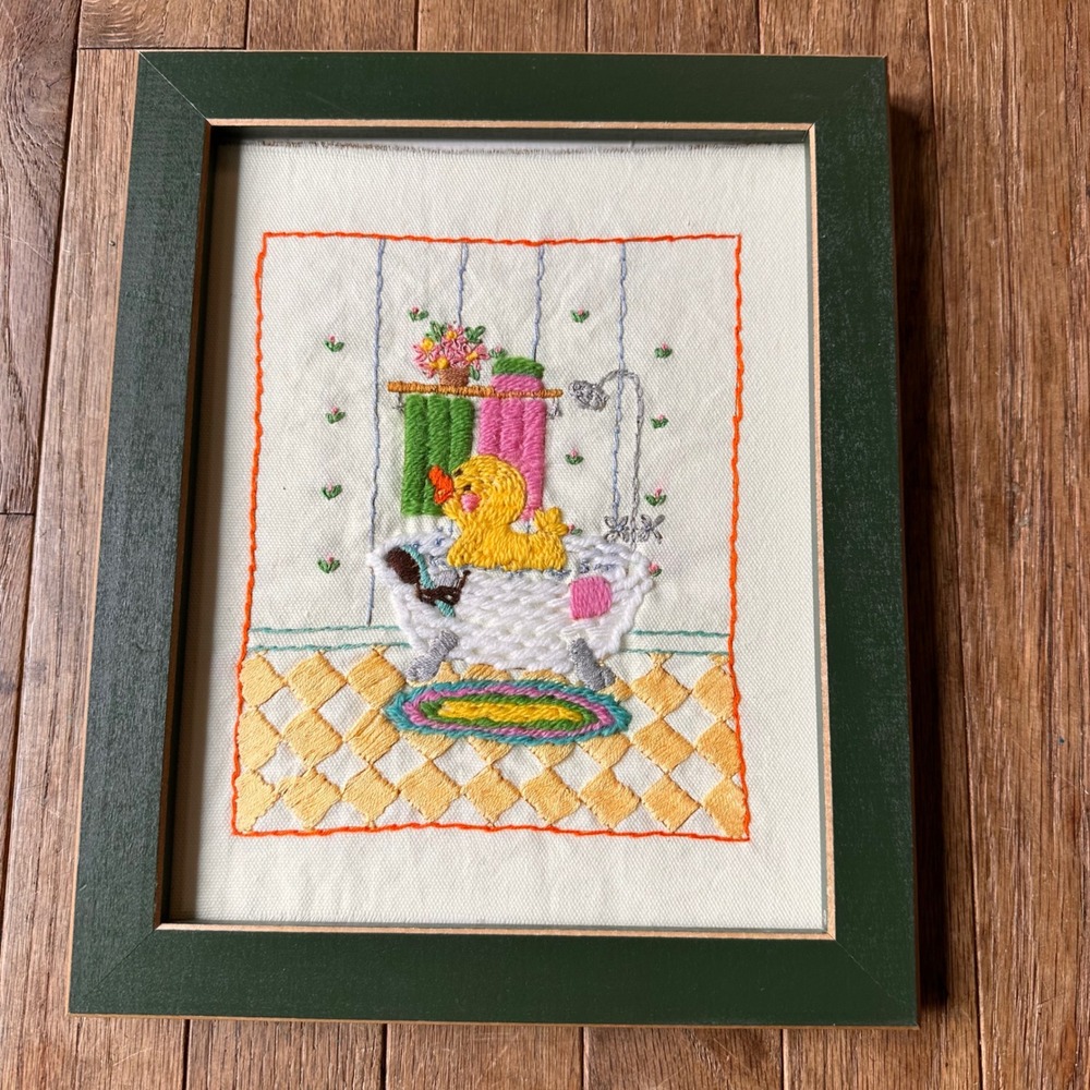 80s Hand Embroidered Framed Rubber Ducky Wall Art Unisex 9x11 Yellow Nursery